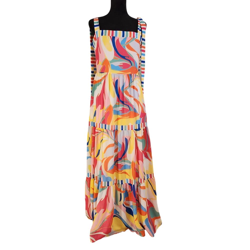 FLYING TOMATO Print and Stripes Tiered Maxi Dress with Tie Straps, Size Medium